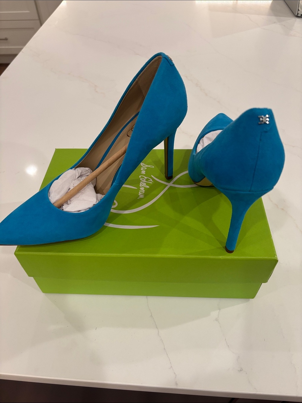 Sam Edelman Hazel Pointed-Toe Suede Pumps in Bright Teal - Picture 2 of 6